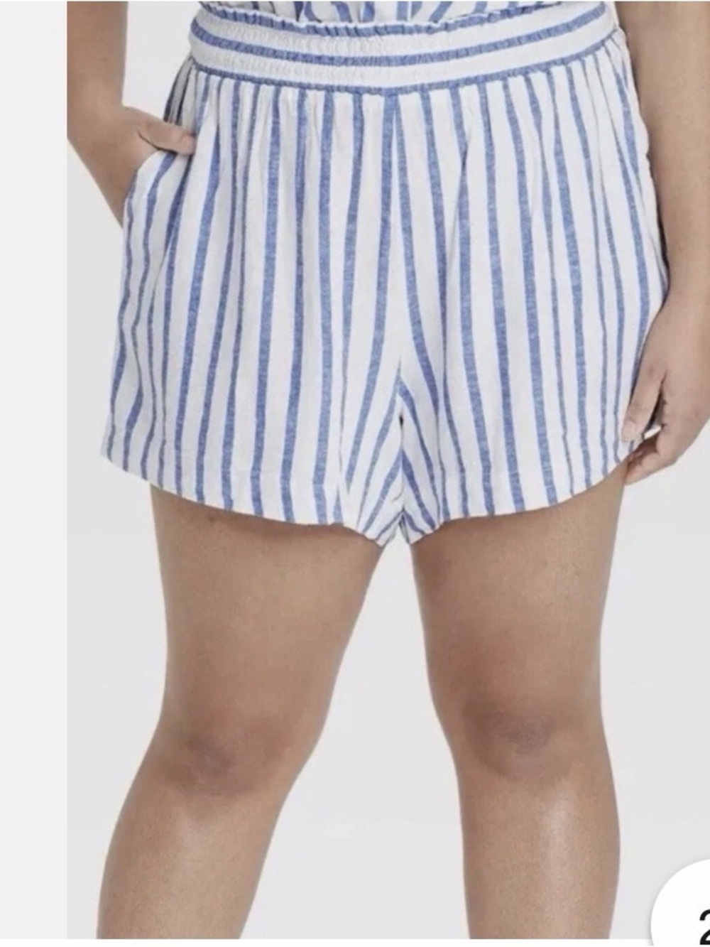 Ava & Viv Shorts Blue & White Linen Blend Elastic Waist w/Pockets